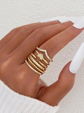 Gold 14k Gold Plated Heart 6pc Cubic Zirconia Ring Set